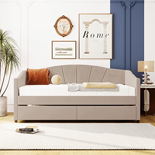 Harper & Bright Designs Twin Size Daybed, Upholstered Daybed with Two Storage Drawers, Wood Daybed Twin Size, Wood Slat Support Day Bed Frame, No Box Spring Needed, Easy Assembly, Beige