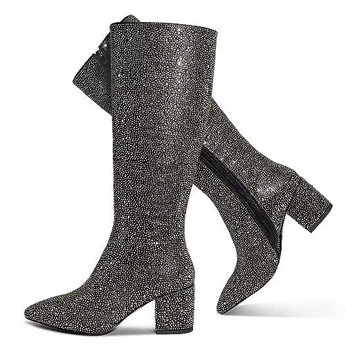wetkiss Rhinestone PU Chunky Pointed Toe Ankle Boots for Women B1653