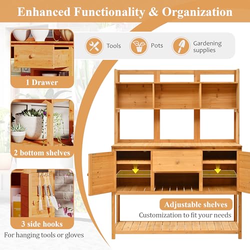 Outdoor Wooden Potting Bench Table with Drawers and Storage Shelves C672480
