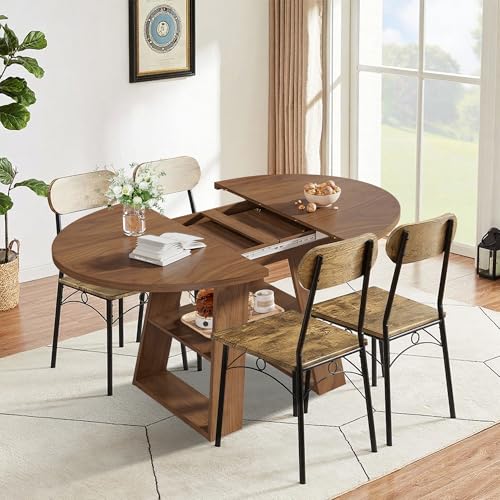 Extendable Round Dining Table for 4-8 with Removable Leaves, Wood Base, Walnut V742