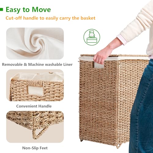PrimeZone 90L Laundry Hamper with Lid, Foldable Natural Seagrass Basket with Removable Liner P139719
