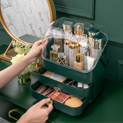 SUNFICON 3 Tiers Makeup Organizer with Dust Free Cover and Drawers, Ivory White F725731