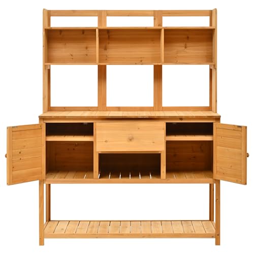 Outdoor Wooden Potting Bench Table with Drawers and Storage Shelves C672480