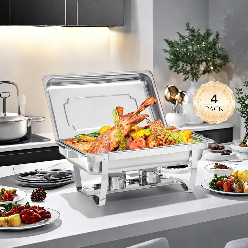 Chafing Dish Buffet Set 4 Pack - 8 Quart Stainless Steel Chafer with Folding Frame T909666