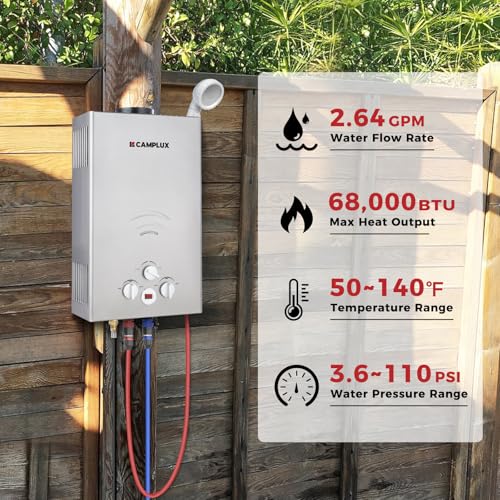 CAMPLUX 2.64 GPM Propane Portable Gas Water Heater, 68,000 BTU, White Y83276
