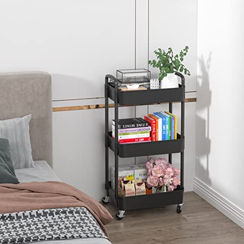 Sywhitta 3-Tier Plastic Rolling Utility Cart with Handle, Black F220270