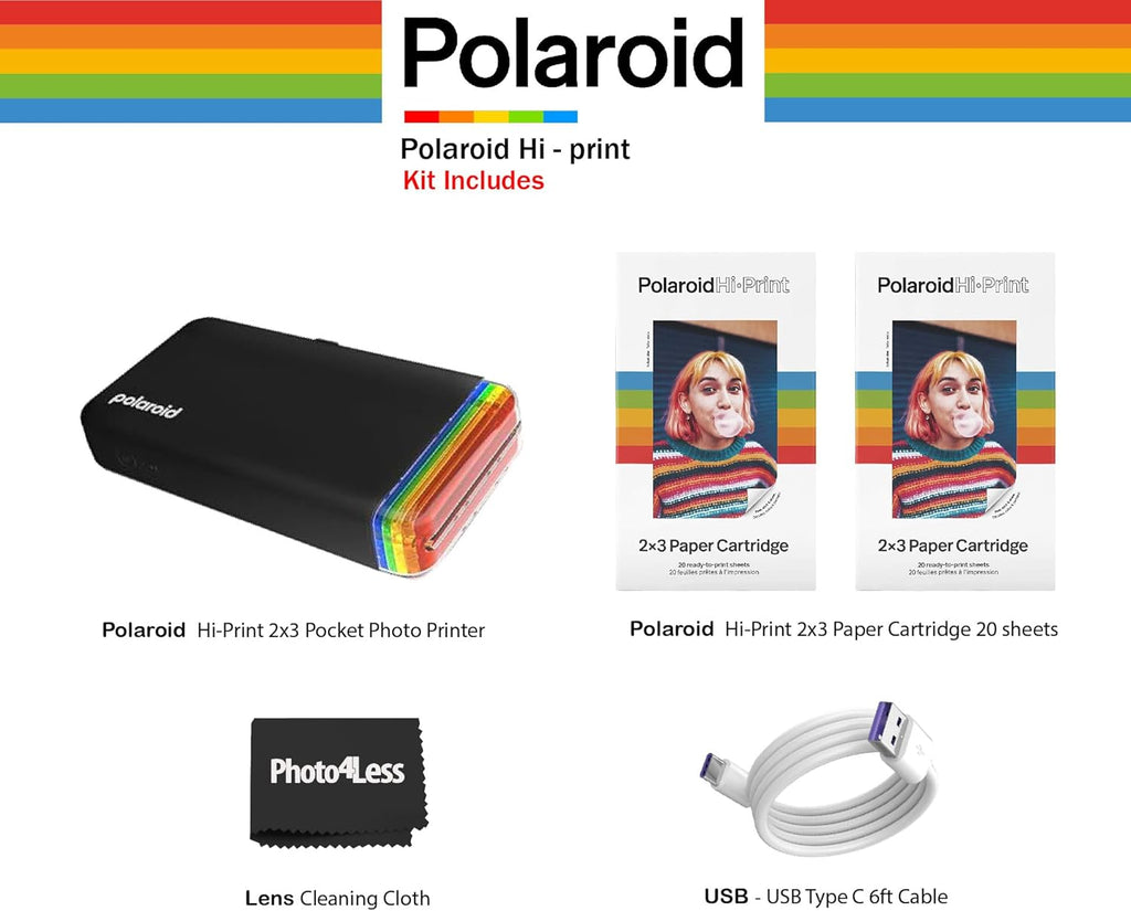 Polaroid Hi-Print - 2nd Generation Bluetooth Connected 2x3 Pocket Photo Dye-Sub Printer - Black (9129) Bundle with 2X Hi-Print 2x3 Paper - (40 Photos), USB - USB Type C 6ft Cable, and More
