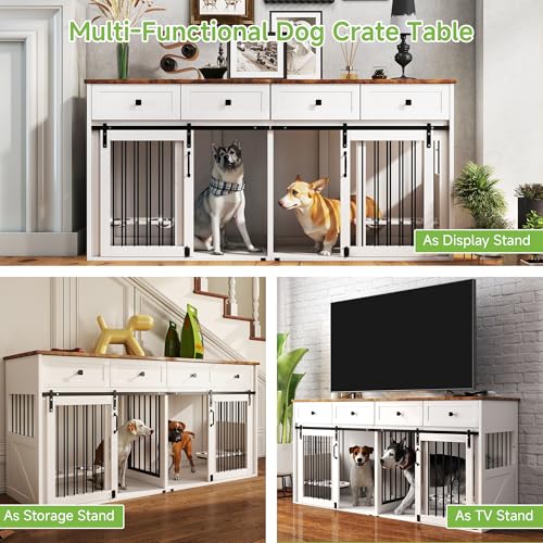 Real Relax 71" Double Dog Crate Furniture with 2 Drawers, White Q173
