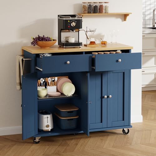 Shintenchi Kitchen Island with Drop Leaf, Rolling Cart with Storage, White T972