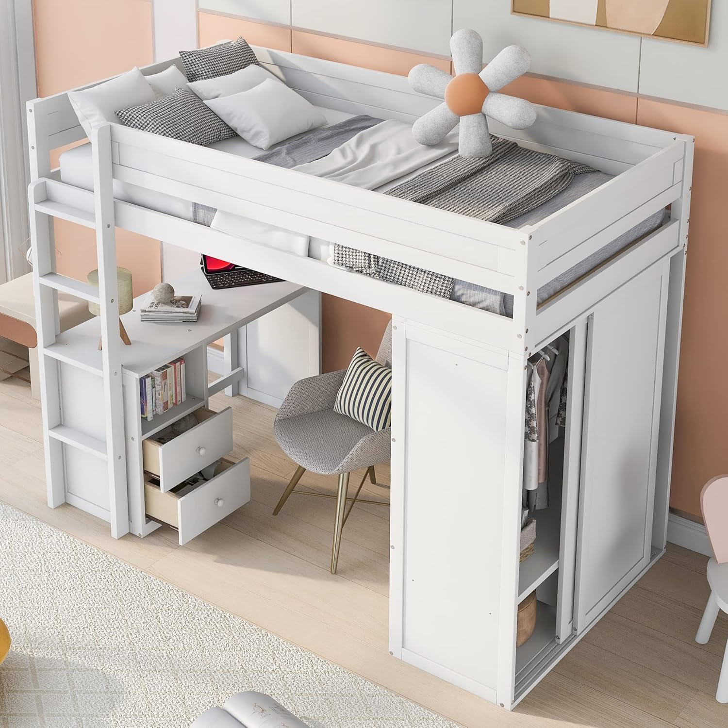 Modern Twin Loft Bed with Desk and Wardrobe, Wooden Twin Size Loft Bed with Storage Drawers for Girls Boys Teens,No Box Spring Needed, White
