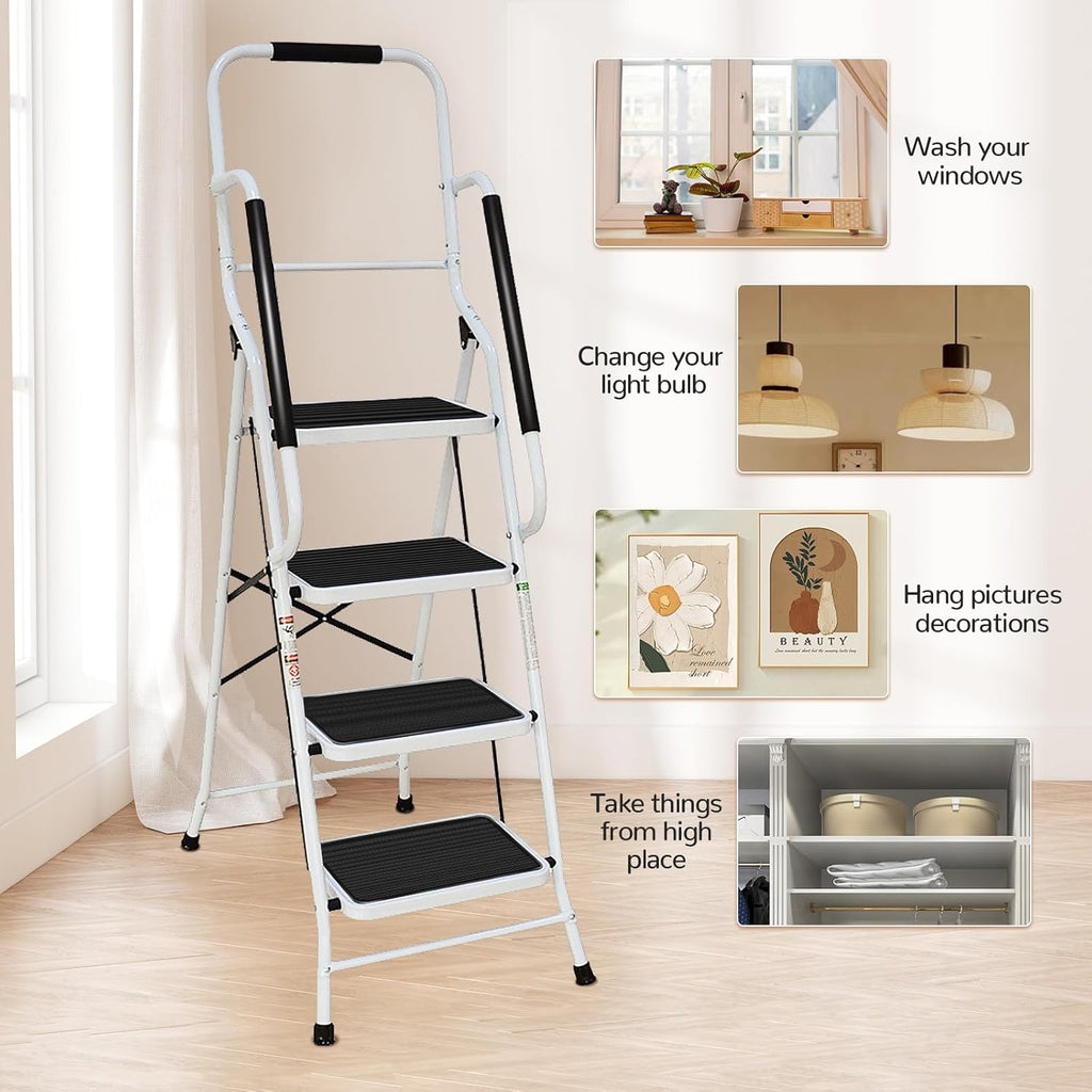 4 Step Ladder with Handrails and Tool Bag, 300 lb Capacity, White Q690818
