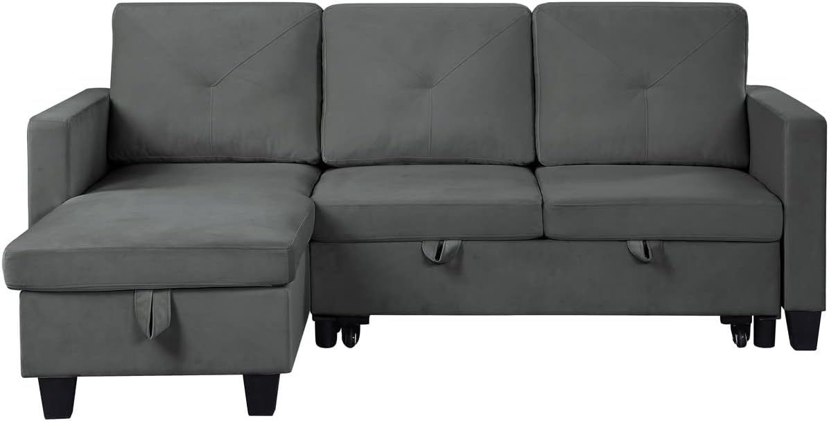 FANYE L-Shaped Reversible Corner Sectional Sofa with Pull Out Sleeper Bed, Dark Gray Velvet, 82.5" T7510