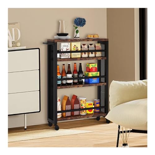 4-Tier Storage Rolling Cart with Handle, Slim Kitchen Cart, Laundry Cart, Laundry Room Narrow Cart, Mobile Sheving Unit Organizer for Kitchen Bathroom Small Spaces, Black