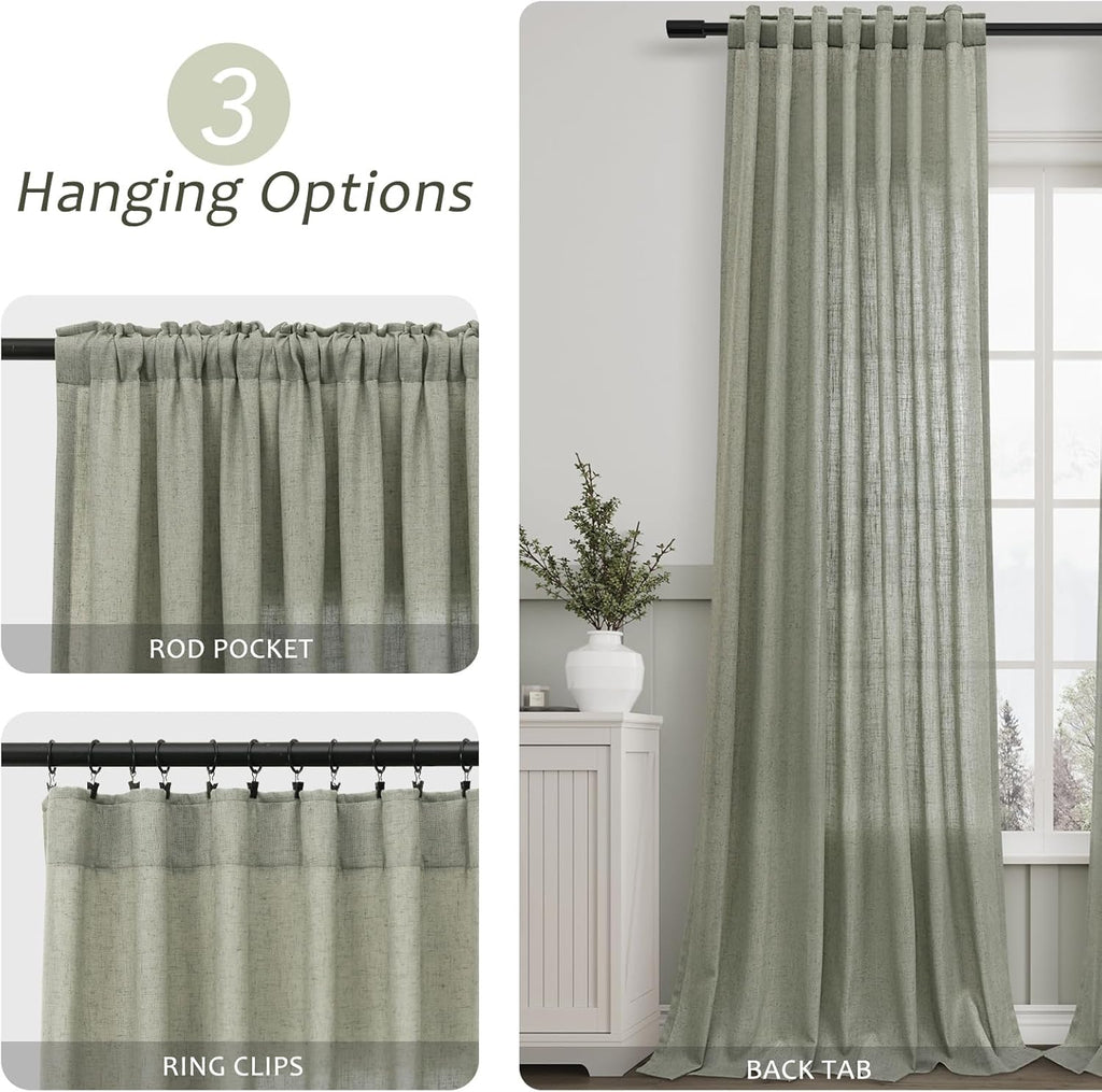 Sage Green Semi Sheer Linen Curtains 84 Inch Length 2 Panels Set D855
