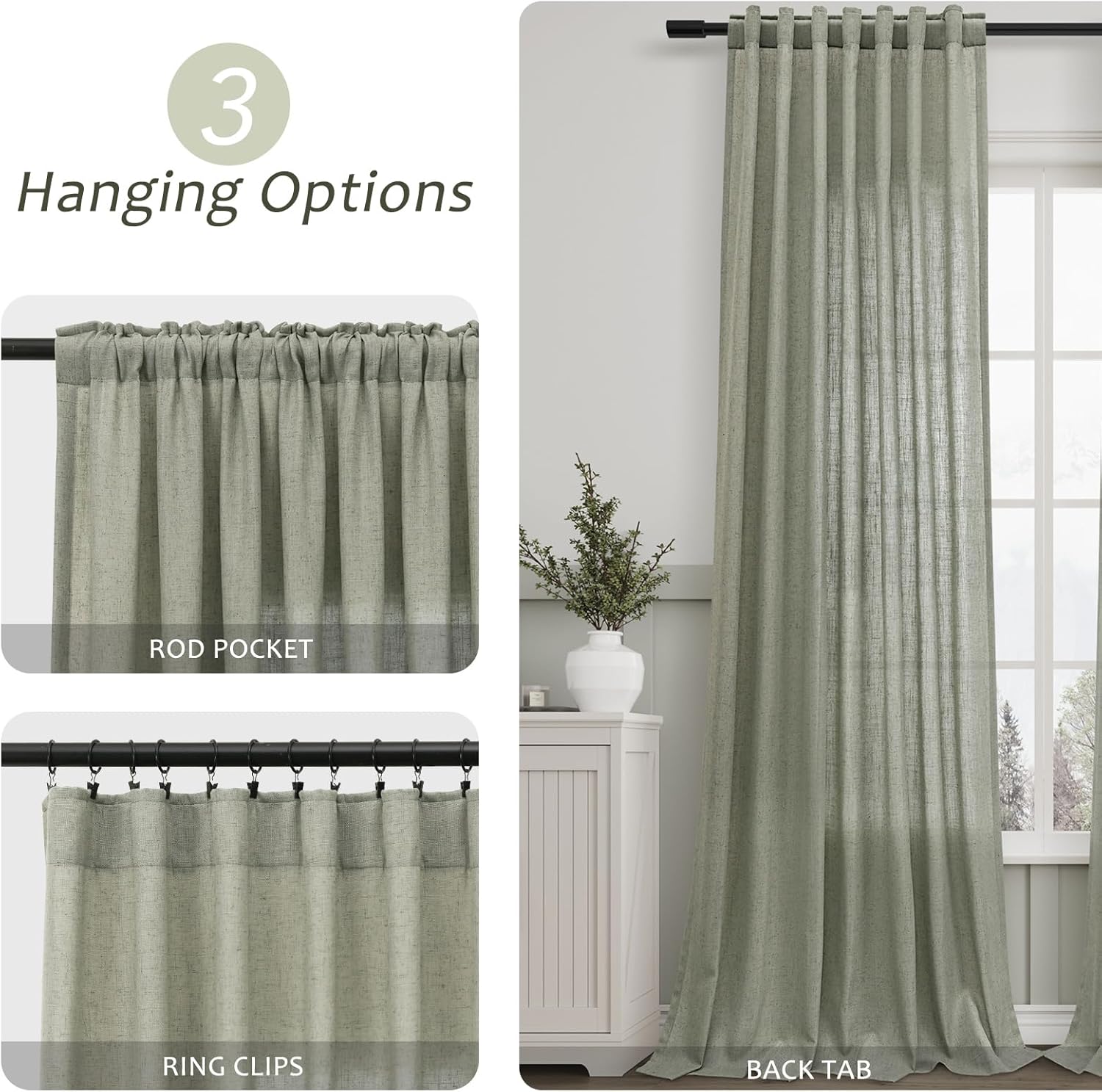 Sage Green Semi Sheer Linen Curtains 84 Inch Length 2 Panels Set D855