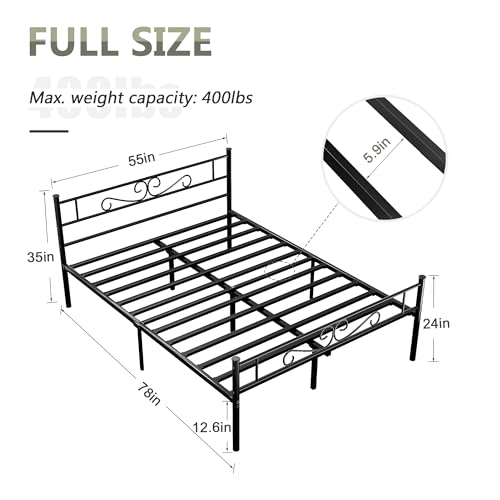 VECELO Full Size Bed Frame with Headboard, Heavy-Duty Metal Slats, No Box Spring Needed G7819
