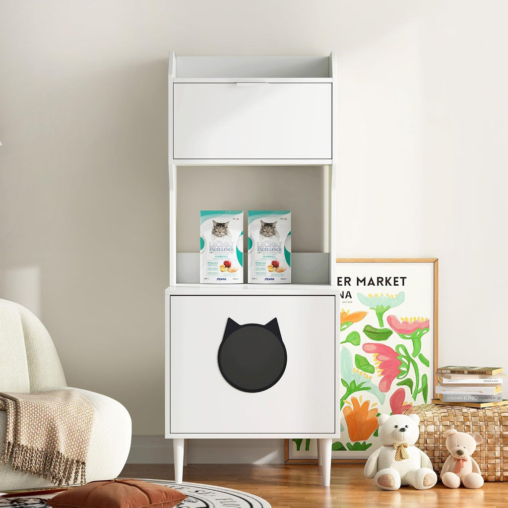 Litter Box Enclosure with Storage Shelves and Cabinet, White Wooden Hidden Cat Litter Box Furniture Industrial Indoor Cat House Washroom Pet Crate,Anti Tipping Design,Suitable for All Cats