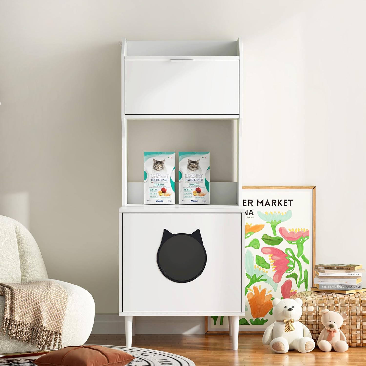Litter Box Enclosure with Storage Shelves and Cabinet, White Wooden Hidden Cat Litter Box Furniture Industrial Indoor Cat House Washroom Pet Crate,Anti Tipping Design,Suitable for All Cats