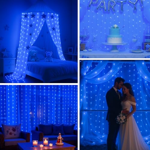 DomeStar 300 LED Fairy Curtain Lights, 9.8ft x 9.8ft, Battery Operated, Remote, Waterproof, Blue E40014