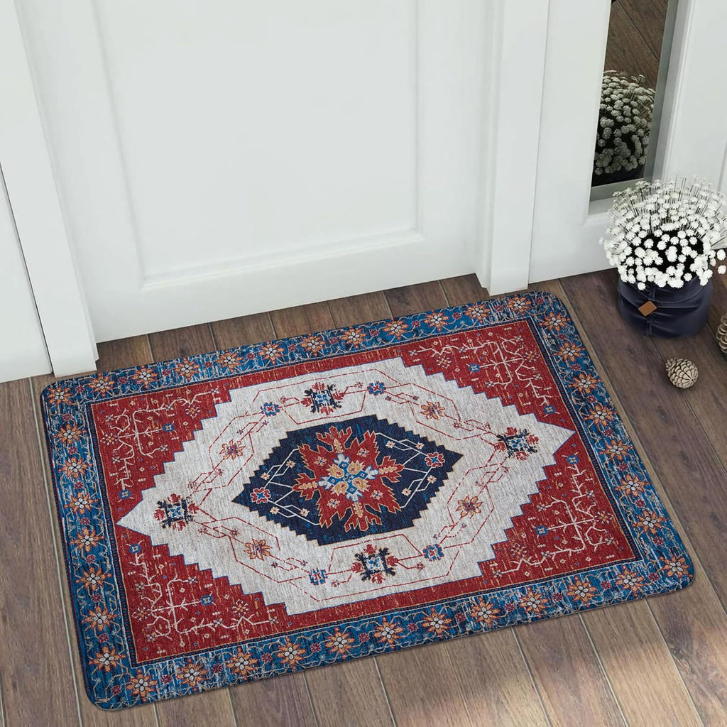 Boho Rug 2'x3' Small Entryway Rug Vintage Bath Mat Non Slip Washable Distressed Oriental Kitchen Throw Mat Low- Pile Floor Carpet for Indoor Front Entrance Bathroom Bedroom,Red/Multi
