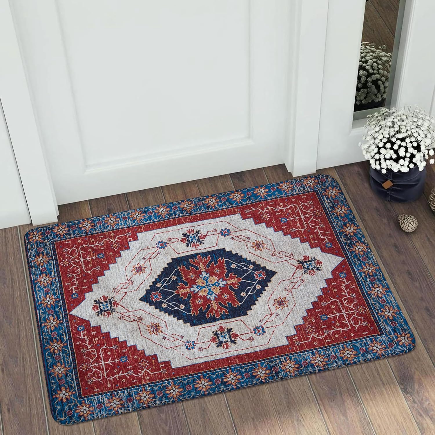 Boho Rug 2'x3' Small Entryway Rug Vintage Bath Mat Non Slip Washable Distressed Oriental Kitchen Throw Mat Low- Pile Floor Carpet for Indoor Front Entrance Bathroom Bedroom,Red/Multi