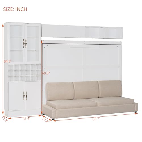 MERITLINE Queen Murphy Bed with Couch and Storage Shelves, LED Light, White J578