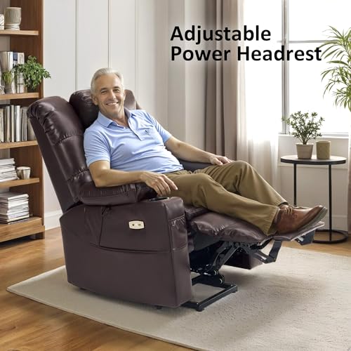 MCombo Large Triple Motor Power Lift Recliner Chair with Massage and Dual Heating, Faux Leather, Dark Brown X979