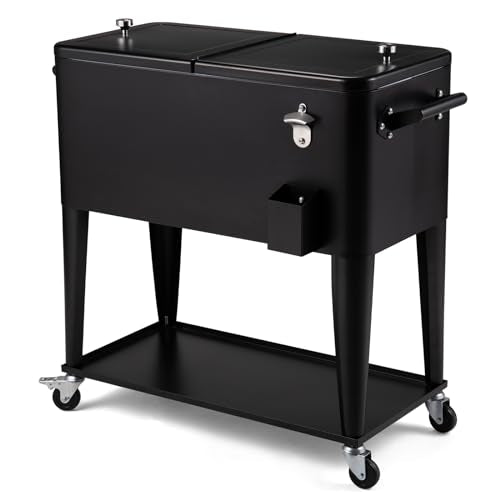 80 Quart Rolling Cooler Cart on Wheels, Portable Outdoor Patio Cooler, Ice Chest with Bottle Opener for Patio Party, Picnic, BBQ, Camping