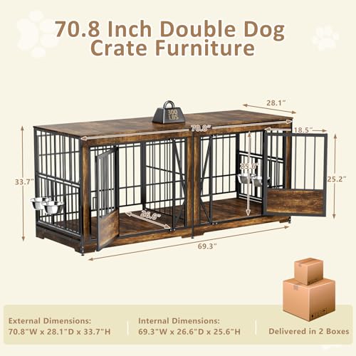 86 in Double Dog Crate Furniture with Divider, Heavy Duty Wooden Kennel for Large Dogs, Brown P52672