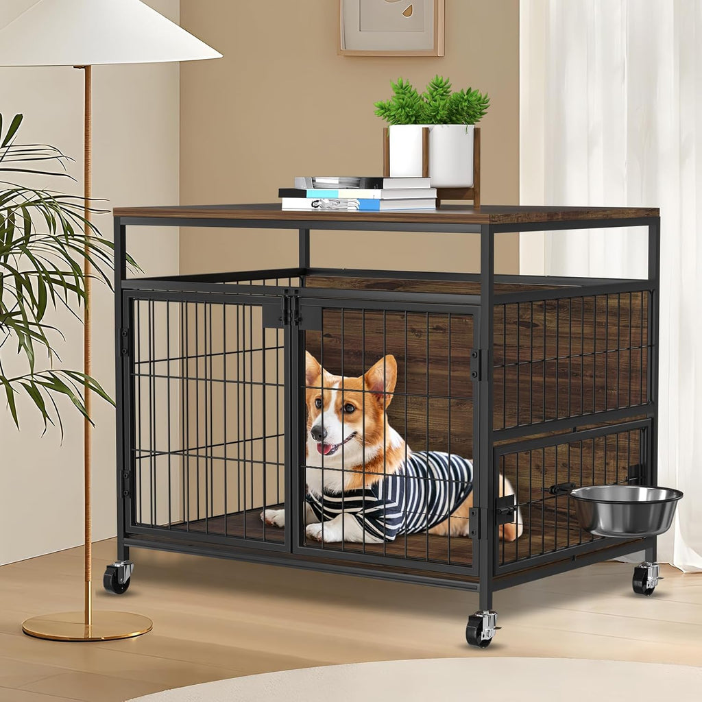 Wooden Dog Crate Furniture with Wheels, Double Doors, 31" B720006