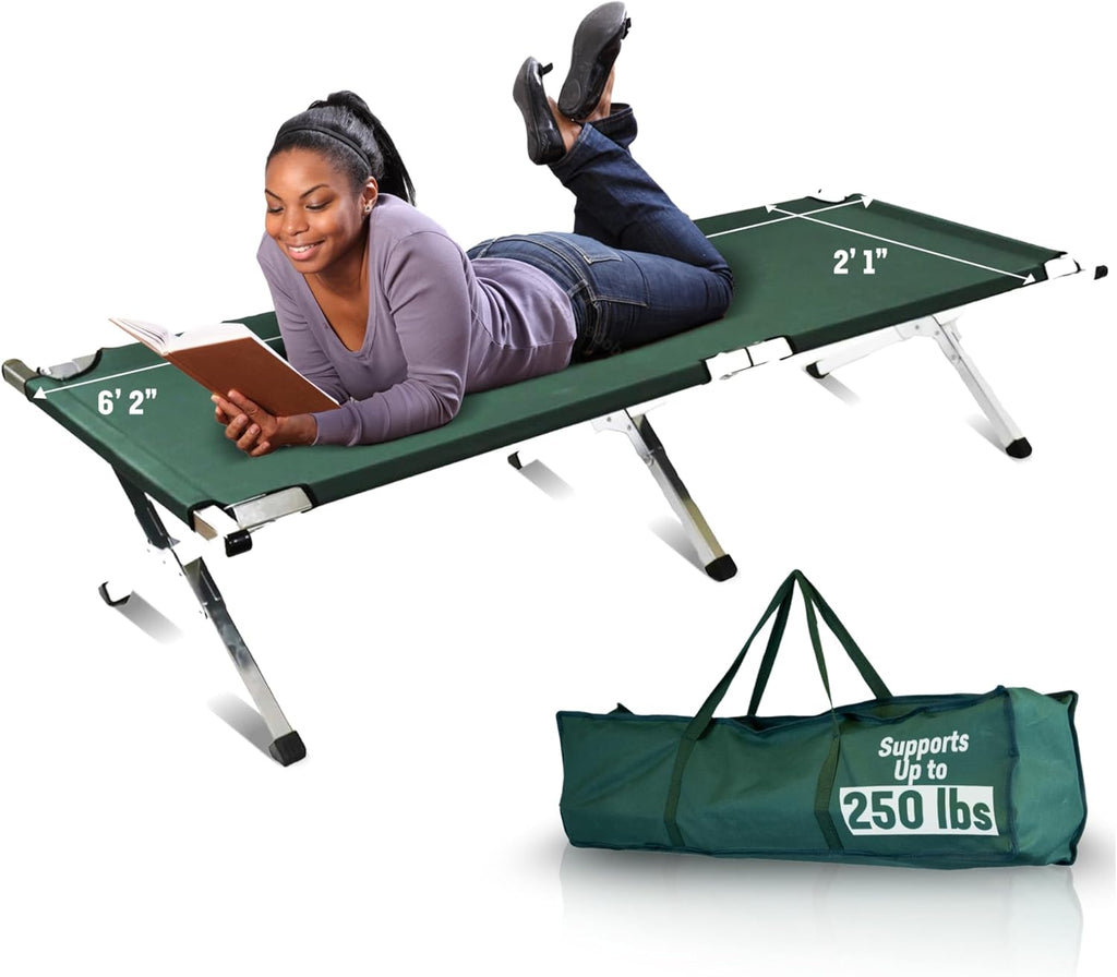 Kemp USA Green Military-Style Camping Bed, Lightweight Aluminum Camping Cots for Adults, Foldable Bed Rust-Free Portable Cot & Durable - Holds Up to 250 LBS, Weighs 14 LBS - 74" Long