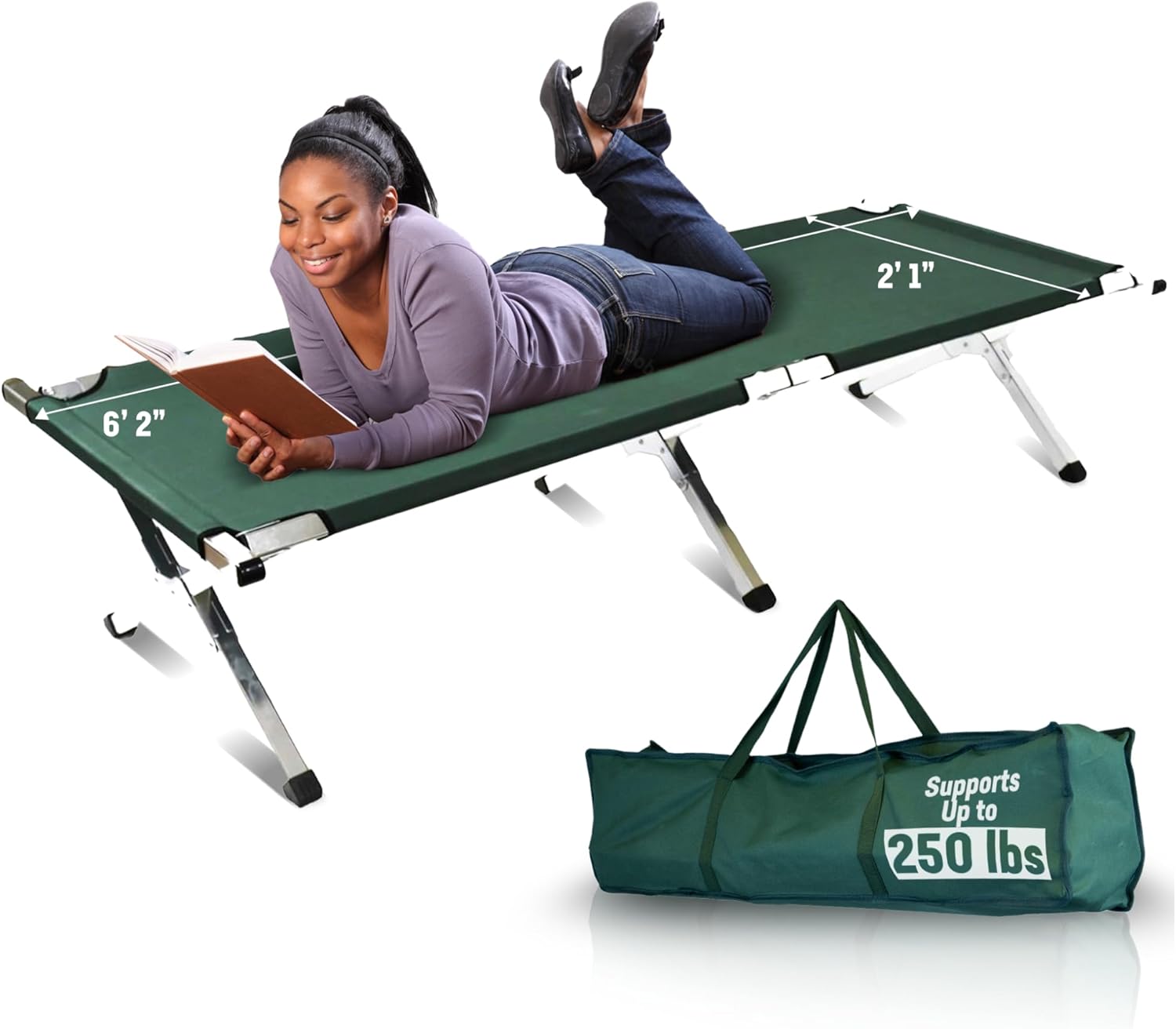 Kemp USA Green Military-Style Camping Bed, Lightweight Aluminum Camping Cots for Adults, Foldable Bed Rust-Free Portable Cot & Durable - Holds Up to 250 LBS, Weighs 14 LBS - 74" Long