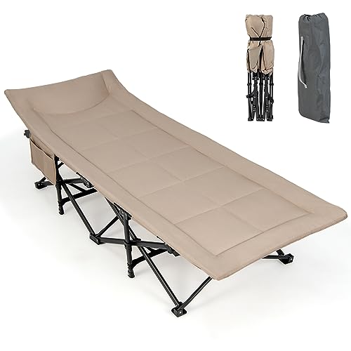 Giantex Folding Camping Cot for Adults - Sleeping Cot Bed with Carry Bag, Cushion & Headrest, 10 Foots, Double Layer Pad, Portable Travel Bed Supports 450 lbs for Lounging, Camp, Tent Cot (Gray)