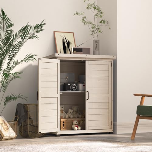 AECOJOY Outdoor Storage Cabinet with Waterproof Metal Tabletop and Removable Shelves, Beige B425