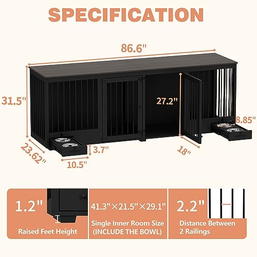 Large Wooden Dog Crate for 2 Dogs with Bowl Drawers, White F986
