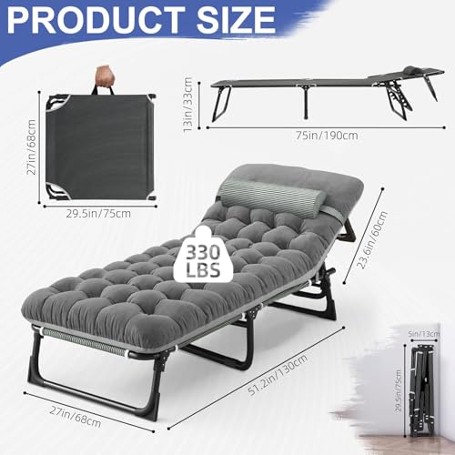 Folding Chaise Lounge Chair with Mattress, 6-Angle Adjustable, Gray M664250