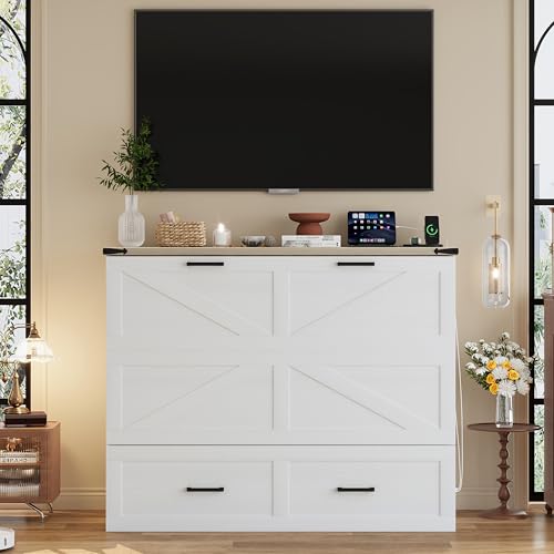 Murphy Cabinet Bed Frame with Charging Station, Full-Size Foldable Wall Bed Z526