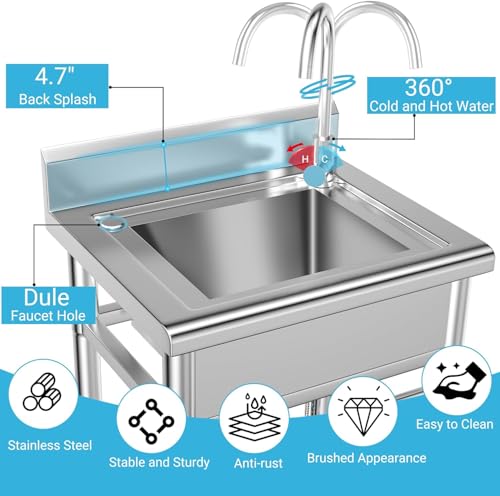 26 Inch Utility Sink, 304 Stainless Steel Free Standing with Pull-out Faucet B946