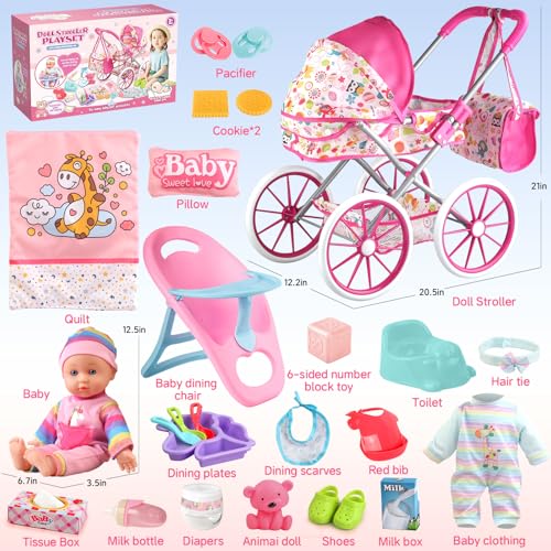 Baby Doll Stroller Toys Set with 24 PCS Accessories and 2 Doll Clothes Z858461
