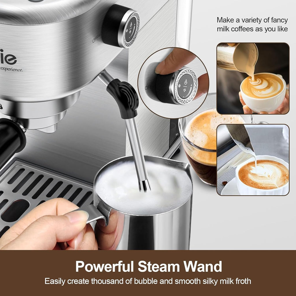 Espresso Coffee Machine 20 Bar, Compact Cappuccino Maker with Detachable Water Tank, Stainless Steel W7658