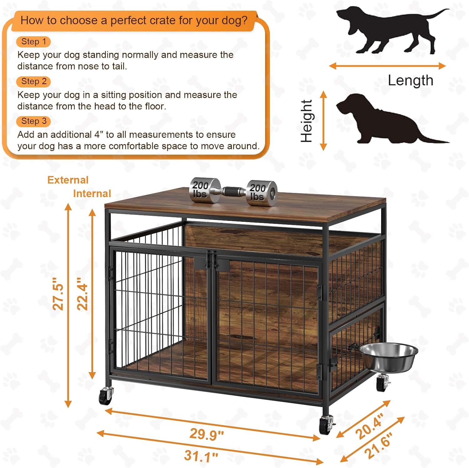 Wooden Dog Crate Furniture with Wheels, Double Doors, 31" B720006