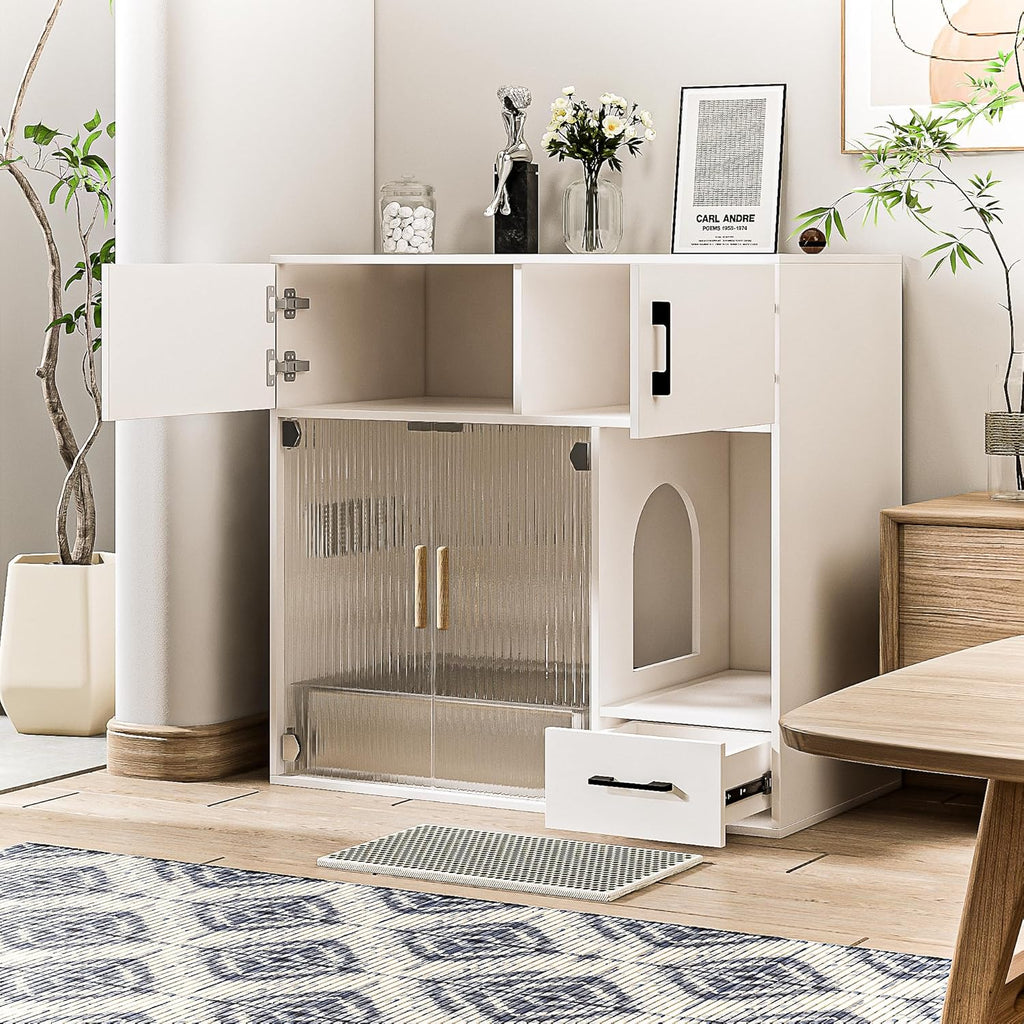 Cat Litter Box Enclosure Furniture Style White Cabinet Side Table with Storage O8952