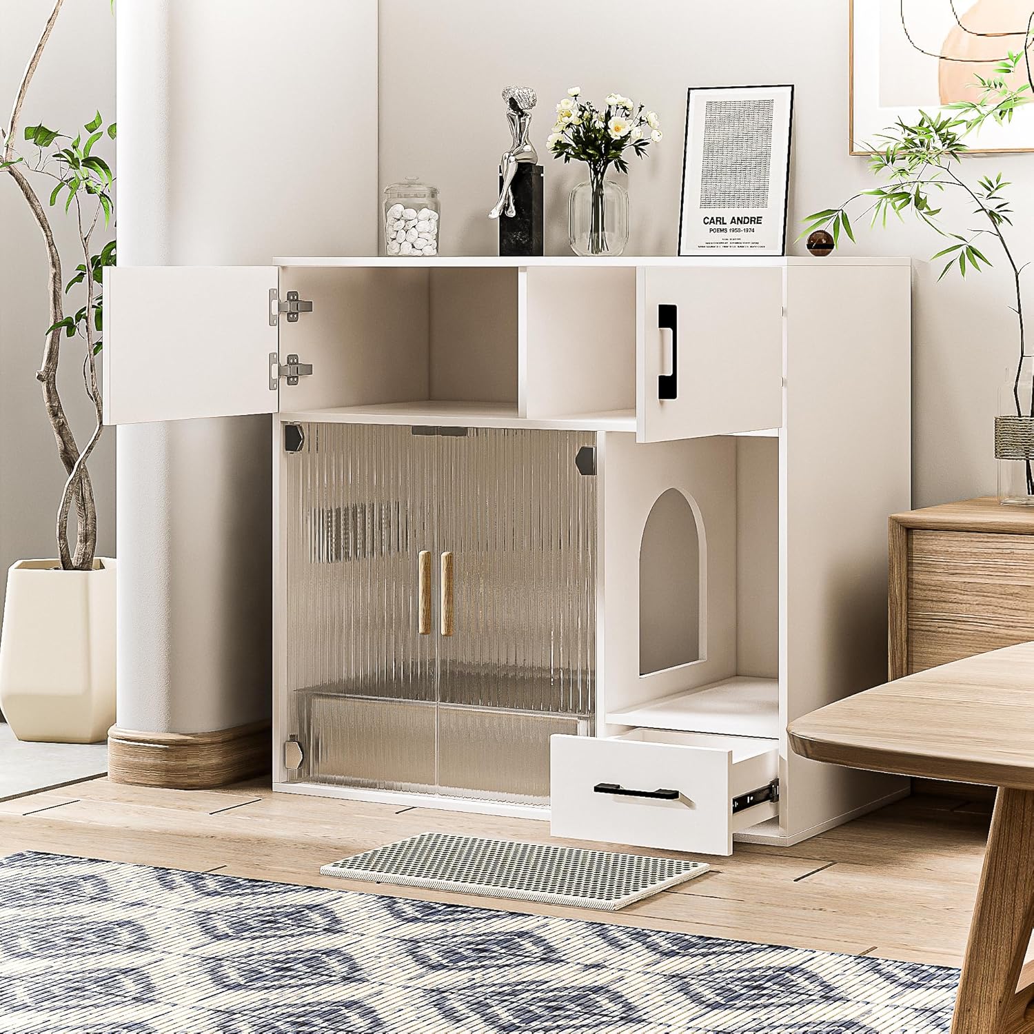 Cat Litter Box Enclosure Furniture Style White Cabinet Side Table with Storage O8952