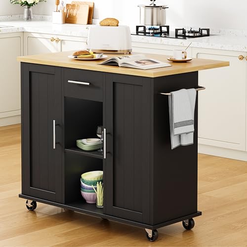Shintenchi Kitchen Island with Drop Leaf, Rolling Cart with Storage, White T972