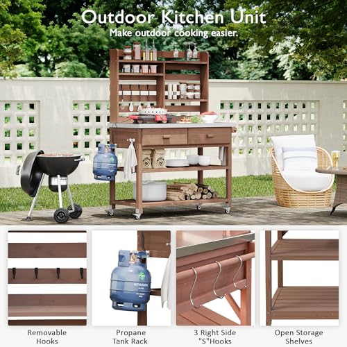 Outdoor Wooden Potting Bench Table with Drawers and Storage Shelves C672480