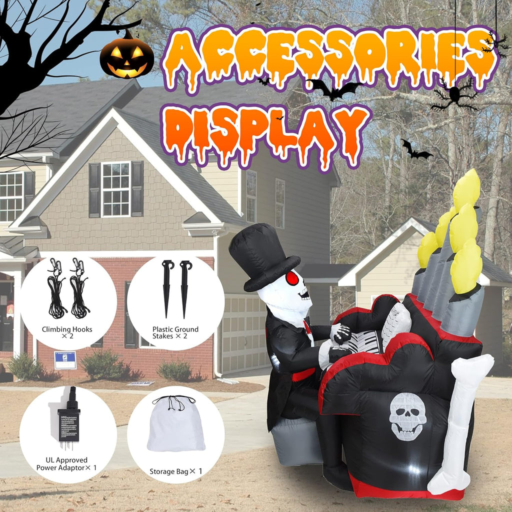 DearSun 5.4FT Halloween Inflatable Skeleton Playing Piano with LED Lights and Bluetooth Speaker F76810