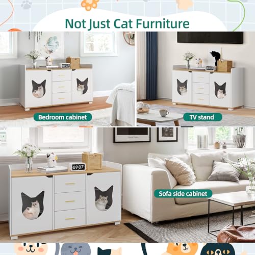 YITAHOME Cat Litter Box Enclosure Double Room with Storage Cabinet, White S11591