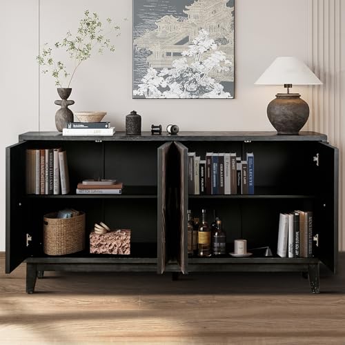 Mid Century Sideboard Buffet Cabinet with Solid Wood Legs, Antique Black R345923