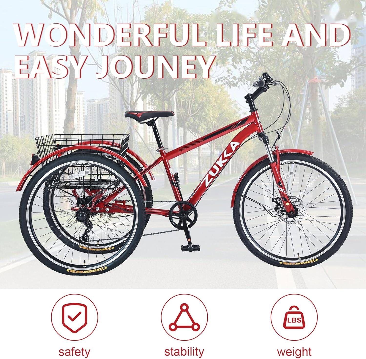Adult Tricycle Bike 7-Speed 26-Inch 3-Wheel with Basket K73928