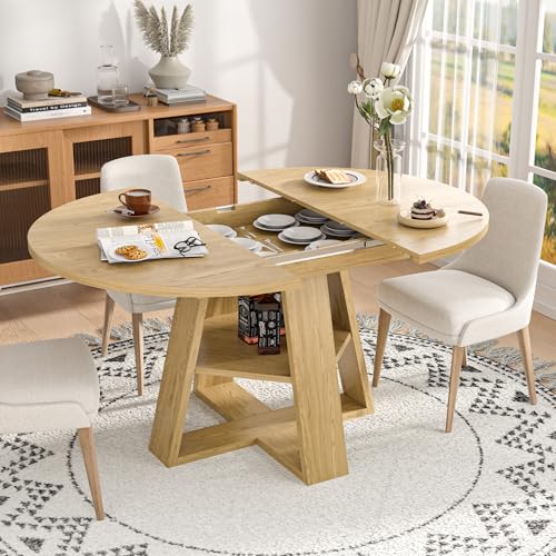 Extendable Round Dining Table for 4-8 with Removable Leaves, Wood Base, Walnut V742